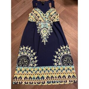 INC Dress Womens XS Navy Blue Yellow Medallion Ring Halter Sleeveless Boho Beach